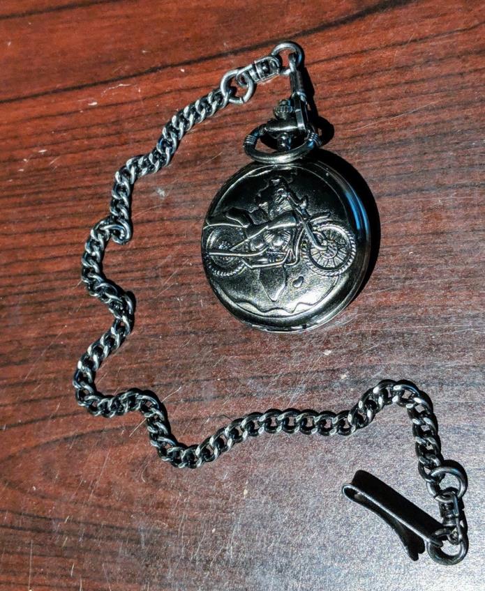 Silver Pocket Watch with Chain and Clip with motorcycle