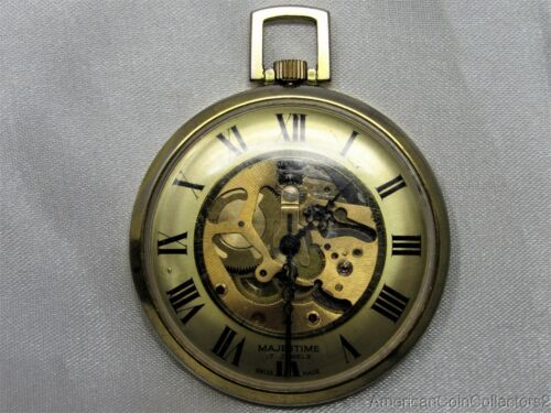 Vintage ROMAN Numeral 1/2 SKELETON DIAL 17 Jewel MAJESTIME Pocket Watch |13676