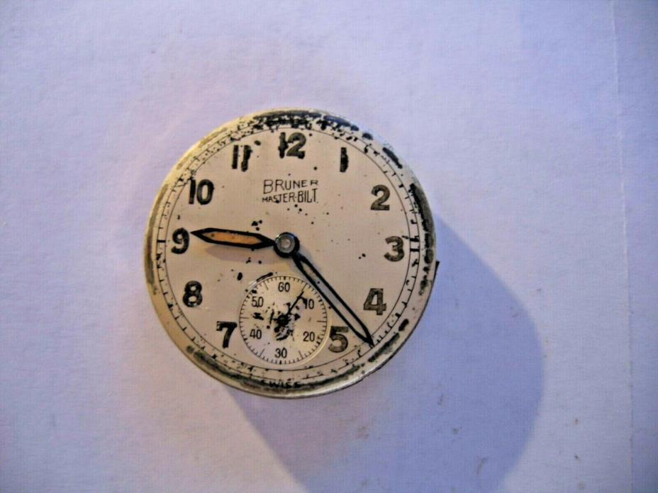 Bruner Masterbilt Antique Swiss Watch Movement 7j working