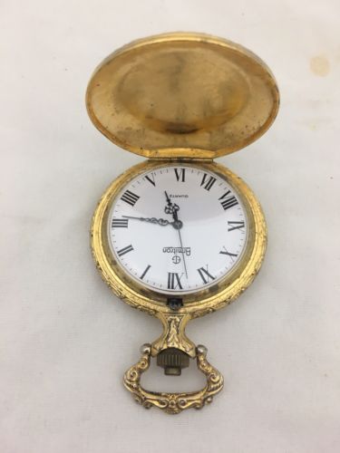 Amitron Gold Tone Pocket Watch Doe & Baby Deer With Floral On Back For Parts?