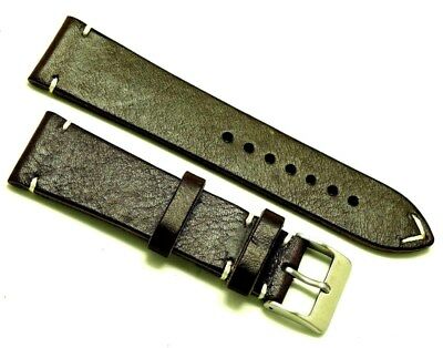 23mm Brown/White Genuine Leather Classic Style Watch Band Handmade Silver Buckle