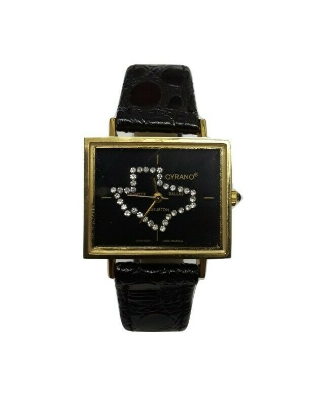 Unisex Texas Wristwatch w/ Gems Gold Cased Genuine Leather New! Cyrano