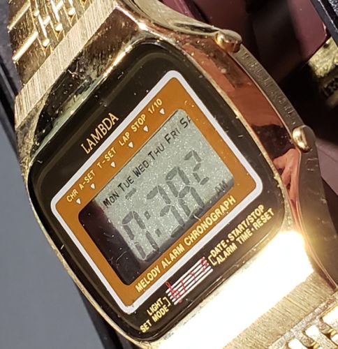 VINTAGE NOS 1980 LCD WATCH Melody Alarm Chrono Stainless Steel Gold Tone Lambda