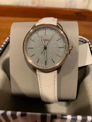 NWT Fossil ES4421 Women's Tailor Three-Hand Winter White Leather Glitz Watch