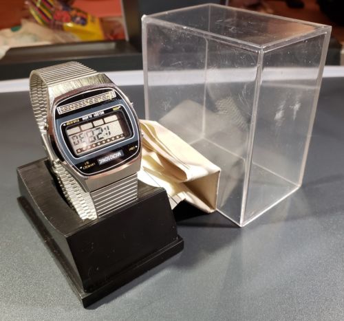 VINTAGE NOS 1980 LCD WATCH Alarm Chrono Watch Stainless Steel Silver MICROSONIC
