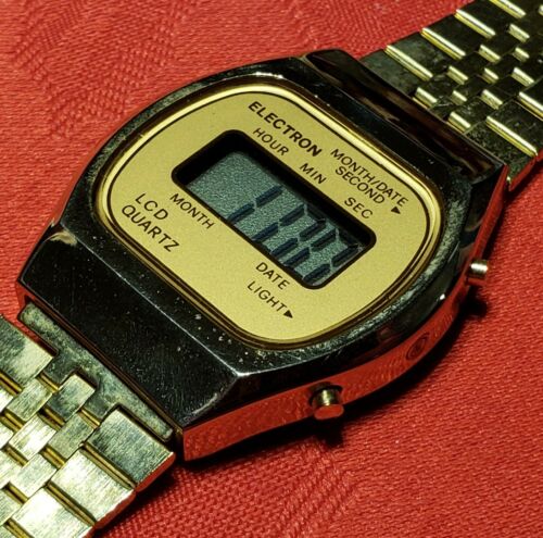 VINTAGE NOS 1980 LCD WATCH  Stainless Steel GOLD ELECTRON