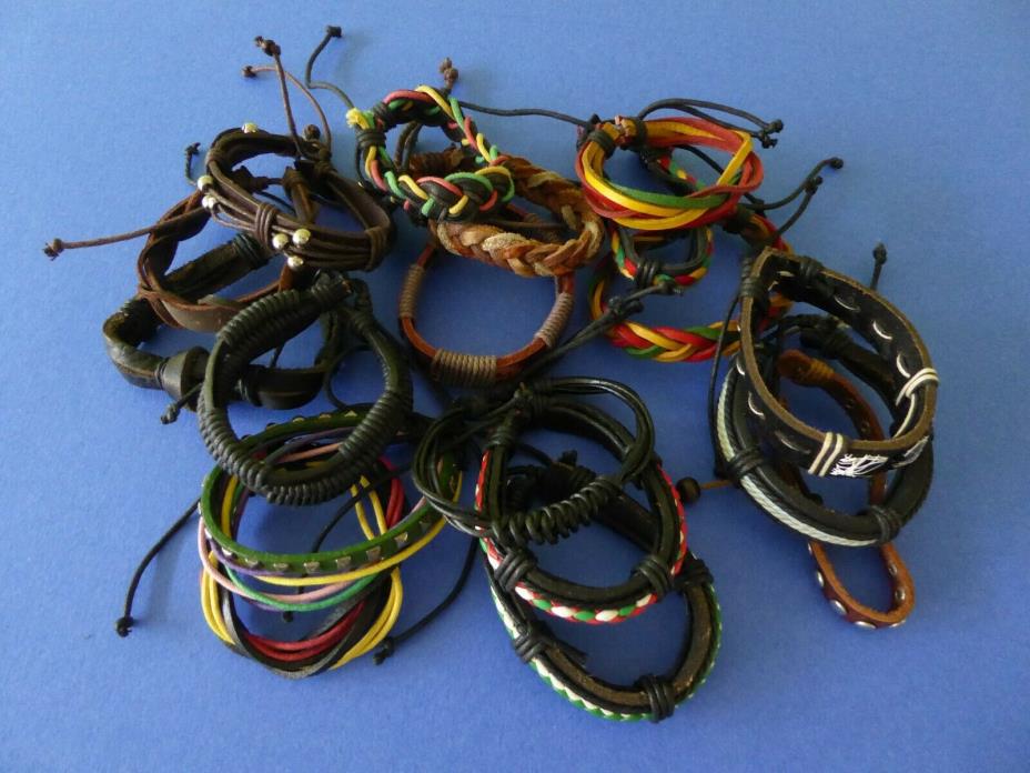 Lot of 18 Braided Surfer Multi Layer Cuff Bracelet Leather Multicolored
