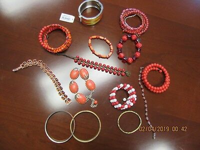 LOT OF 14 BRACELETS, RED & ORANGE SHADES, FASHION JEWELRY, NEW & PREOWNED