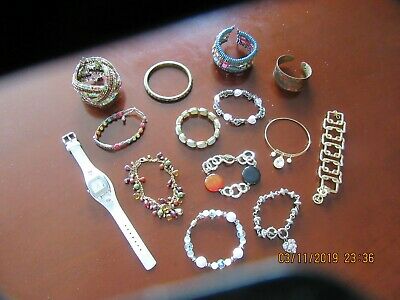 LOT OF 13 BRACELETS, BOHO LOOK, & 1 WHITE WATCH, FASHION JEWELRY, NEW & PREOWNED