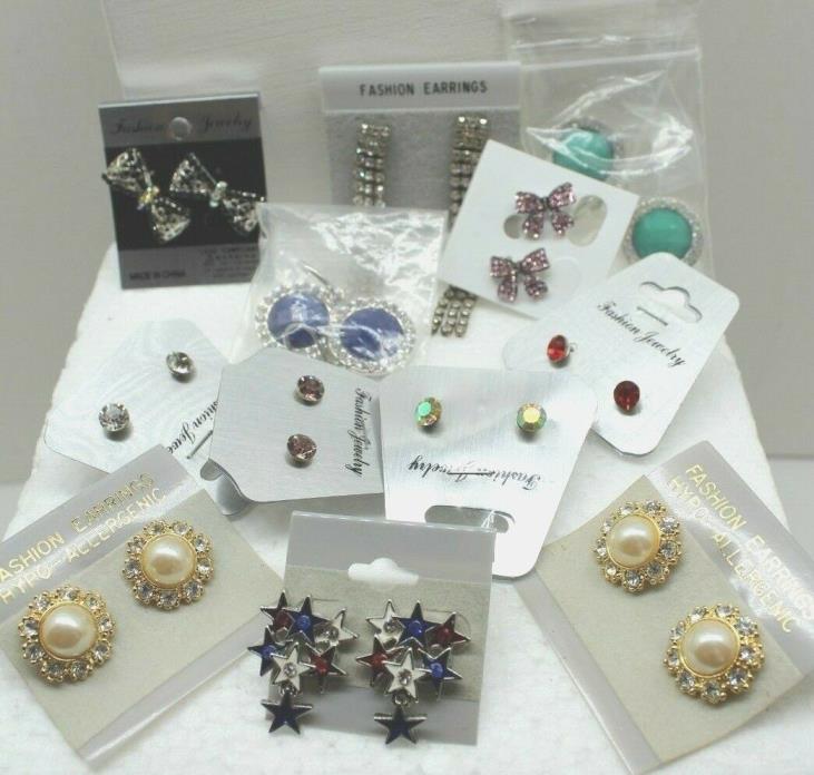 Mixed lot of 1 Dozen pairs fashion rhinestone earrings on cards resale or wear