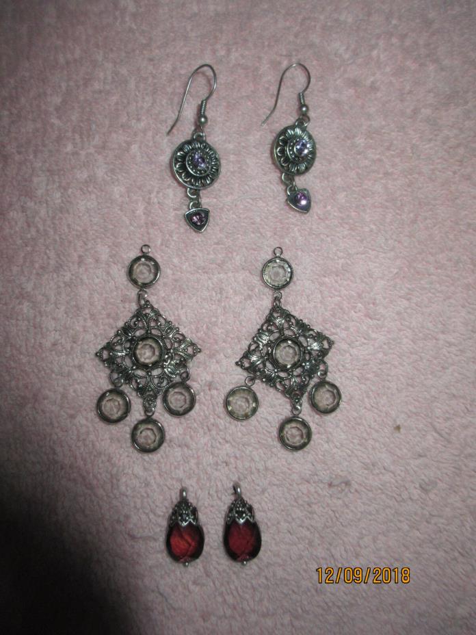 3 PAIRS DANGLE EARRINGS - SMOKED GLASS, FILIGREE, RED GLASS, AMETHYST - SEE IT!