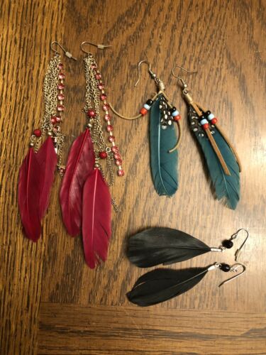 Lot If 3 Feather Earrings Red Green Black