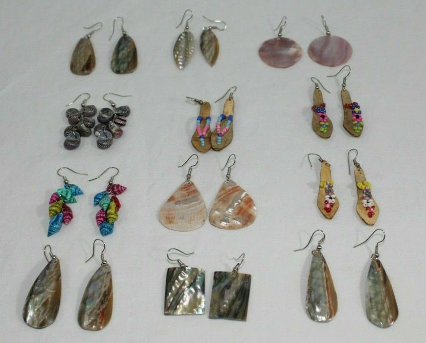 12 Pairs Handmade Mexico Earrings Abalone Coca Nut Sea Shells Puerto Vallarta