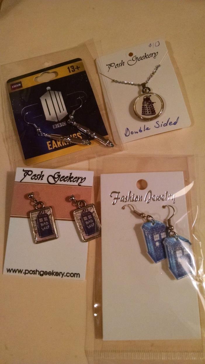LOT OF 3 NEW PAIRS OF DANGLE DR WHO EARRINGS 1 NECKLACE NIP