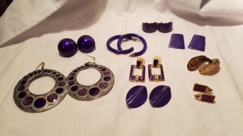 9 pair Purple Peicered Earrings. Hoops, Dangle, Stone, Paisley (8)