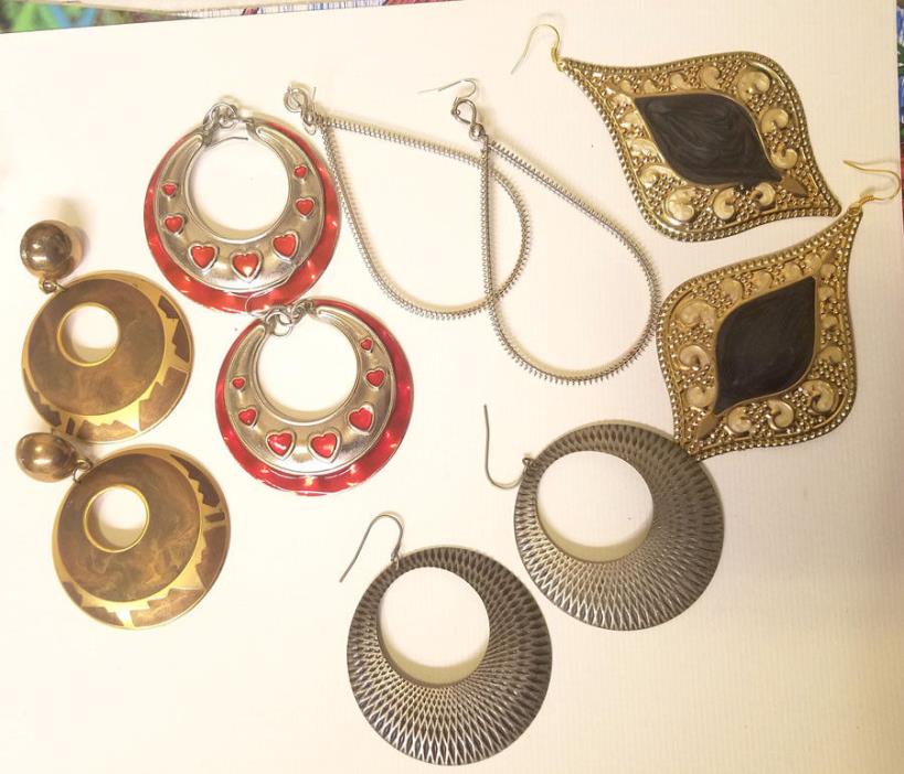 jewelry lot big metal earrings hoops teardrops 5 pr dangles red silver goldtone