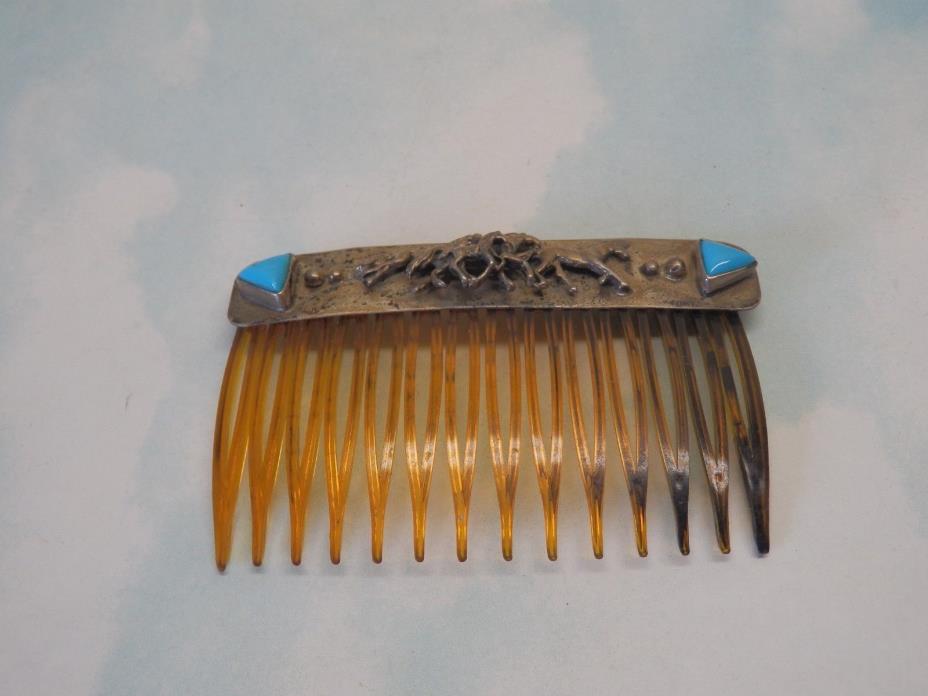 Vtg  Native American Indian Turquoise Sterling Silver 3D 4 Horse Hair Comb