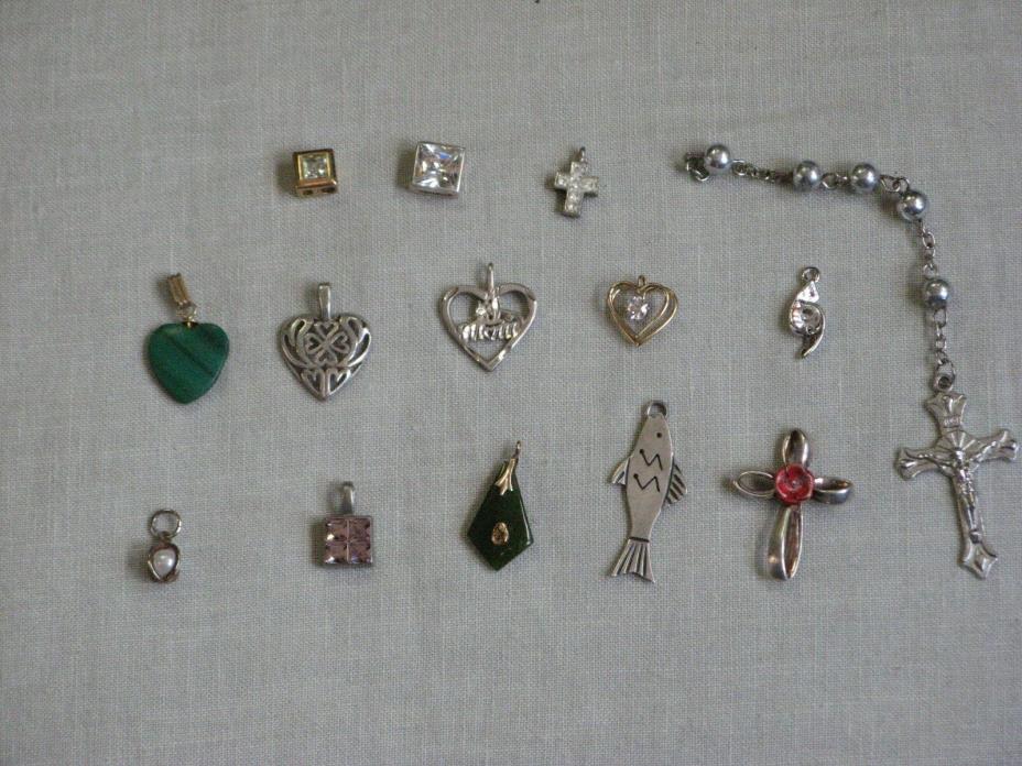 Lot of 12 pendants - 1 sterling,1 jade,1 malachite,4 hearts, 3 crosses, 1 pearl