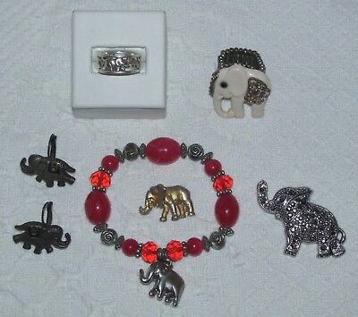 ELEPHANT LOVERS JEWELRY LOT: STERLING SILVER RING, PIN, CHARM BRACELET, EARRINGS