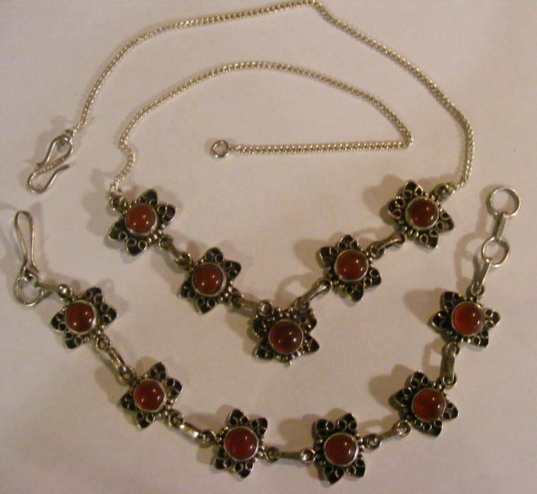 VINTAGE STERLING SILVER CARNELIAN NECKLACE + BRACELET 2 PC JEWELRY LOT $39.99