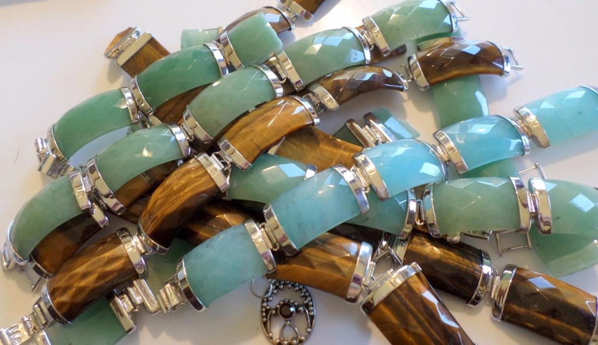 Lot Broken Sterling 925 Vintage China Bracelets Tigers Eye, Larimar, Jade 532 Gr