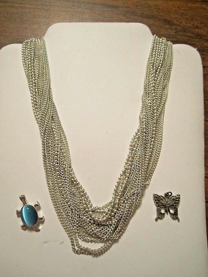 Heavy Multi-strand Necklace & 2 Pendants Lot Butterfly Turtle Free Shipping!