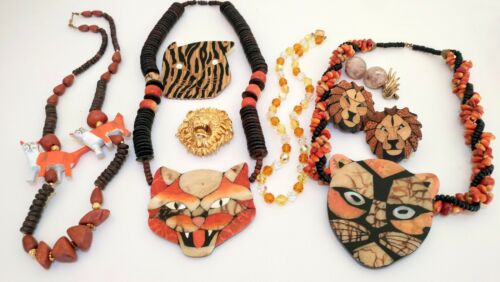 Vintage & Costume Jewelry Wooden Jungle Cat Lion Earrings Beaded Lot Pin Wood