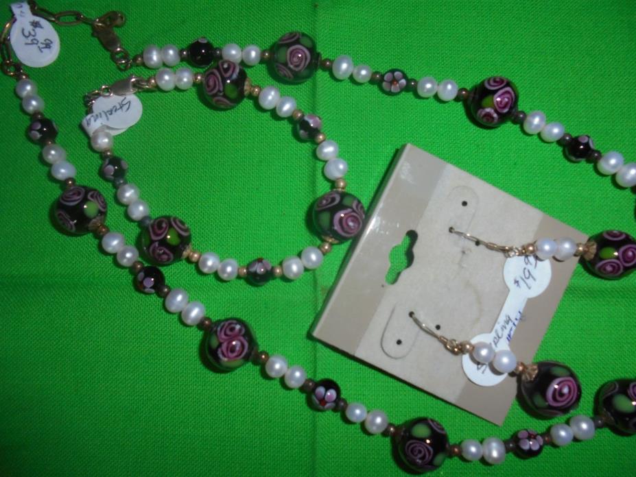 3pc. setting of pearl with rose hand painted beads...beautiful