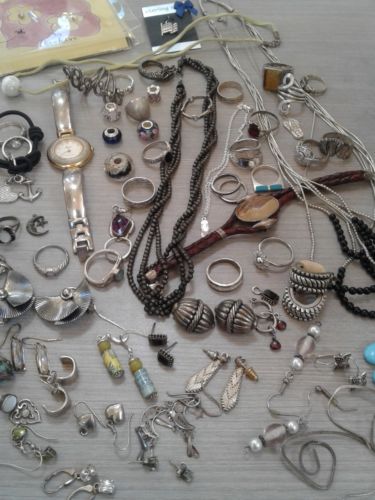 395 g sterling silver lot jewelry. pre owned condition. stones, beads, vintage+