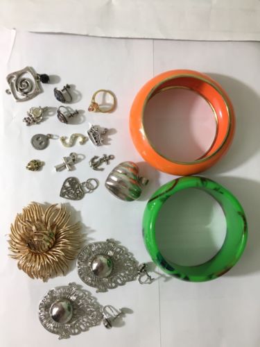 Jewerly Lot - Bangles, Charms, Clip-on Earrings, Brooch