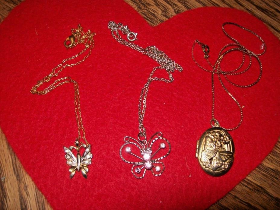 Lot of 3 Costume Jewelry Butterfly Necklaces~ 2 Gold tone,1 Silver tone Pretty