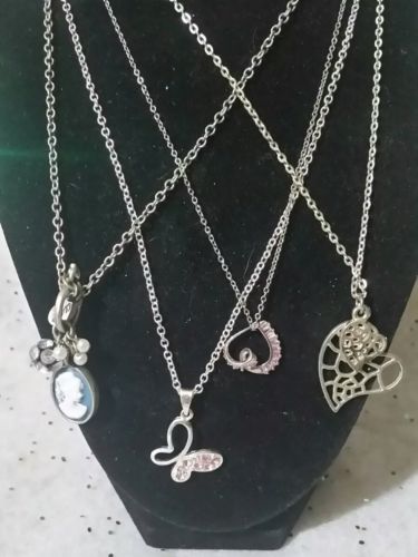 Silvertone Fashion Necklaces Lot of 4 Hearts Butterfly Cameo