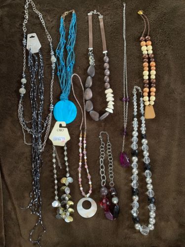 Lot Of 10 Large/Long Fashion Necklaces New And Preowned.