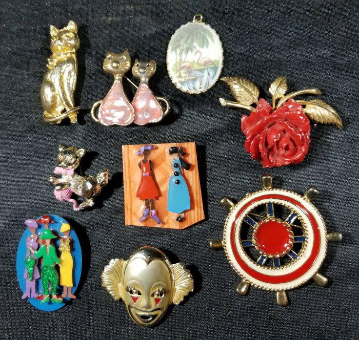 Costume Jewelry Pin Brooch Lot Mixed: Enamel, Cats, Rose, Clown, Hand Made...