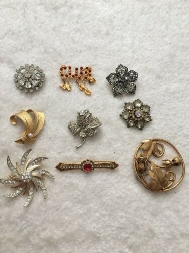 9 Vintage Rhinestone Flower Gold Silver Brooches Pins Coat Shirt BSK Sarah Coven