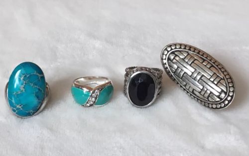 Lot Of 4 Large Costume Statement Chunky Oversized Rings Boho Silver Tone Rock