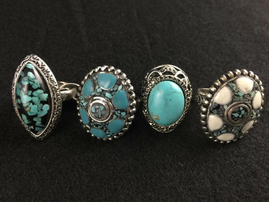 Silver Tone Rings with Turquoise Designs Lot