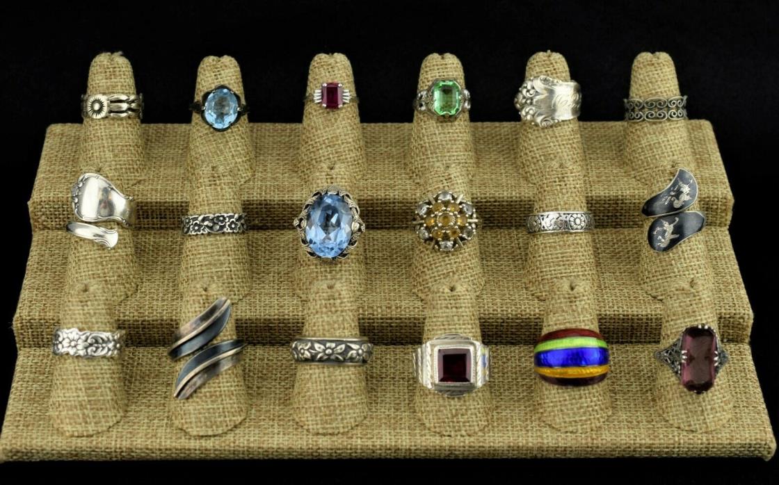 Lot of 18 Sterling Silver Vintage Antique Gemstone Spoon Rings Bands Sz 5 6 7 8