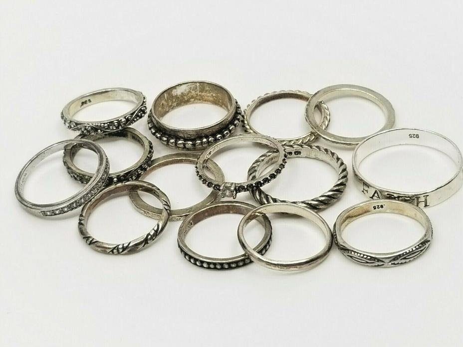 Lot of 14 Sterling Silver 925 Rings Women's Rhinestone Various Sizes