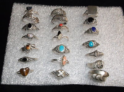 21 assorted solid sterling silver rings, assorted sizes, 5 to 7.5, Mexico,