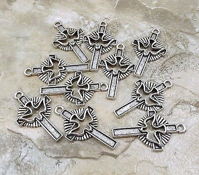 20 Pewter Holy Spirit Cross with Dove Charms - 0117