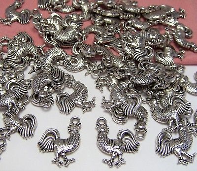 BULK LOT 50 SILVER ROOSTER-CHICKEN CHARMS-FARM-BARNYARD ANIMAL-COUNTRY-JEWELRY