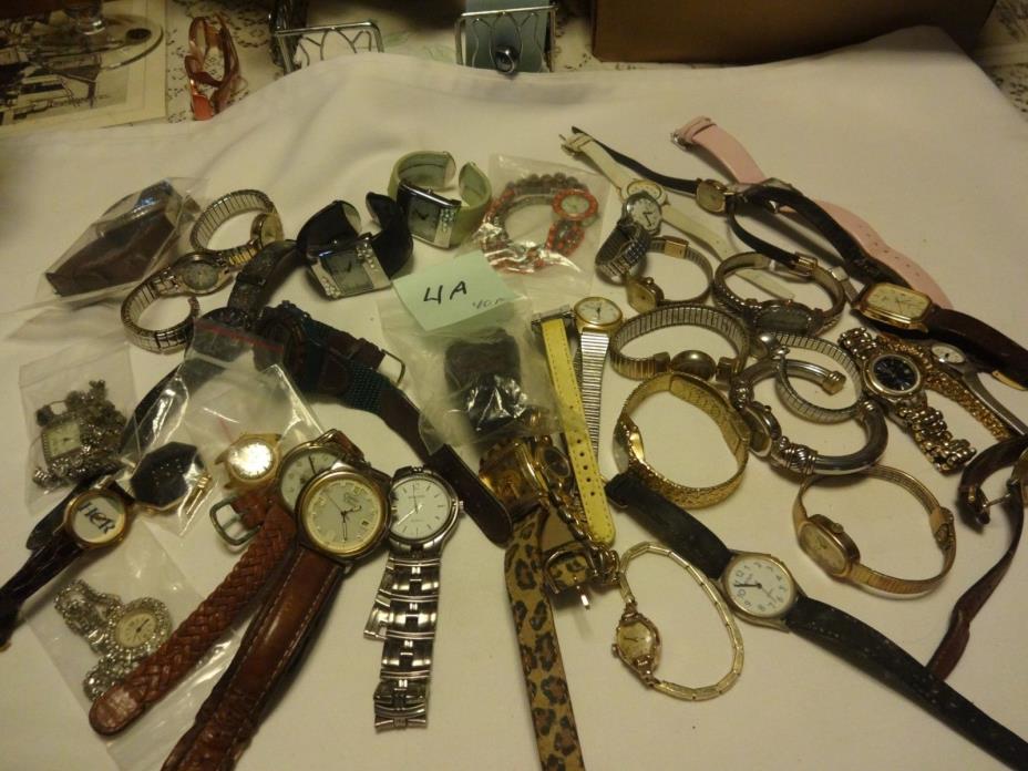 BOX LOT ACCUMULATION OF APPROX. 44 WATCHES BROKEN OR NEEDING BATTERIES OR WINDUP