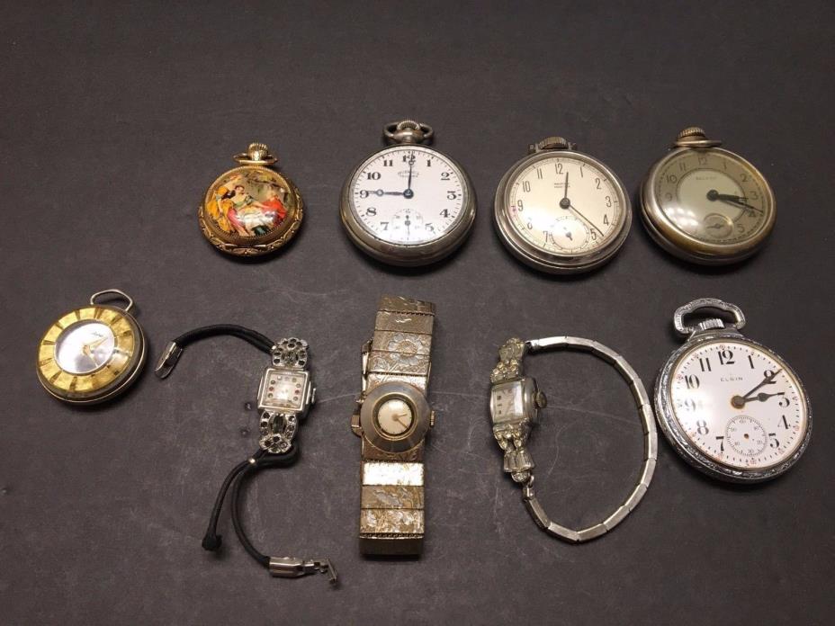 Vintage pocket and wrist watch lot of 9 Majestime Elgin Bulls Ingersoll & more