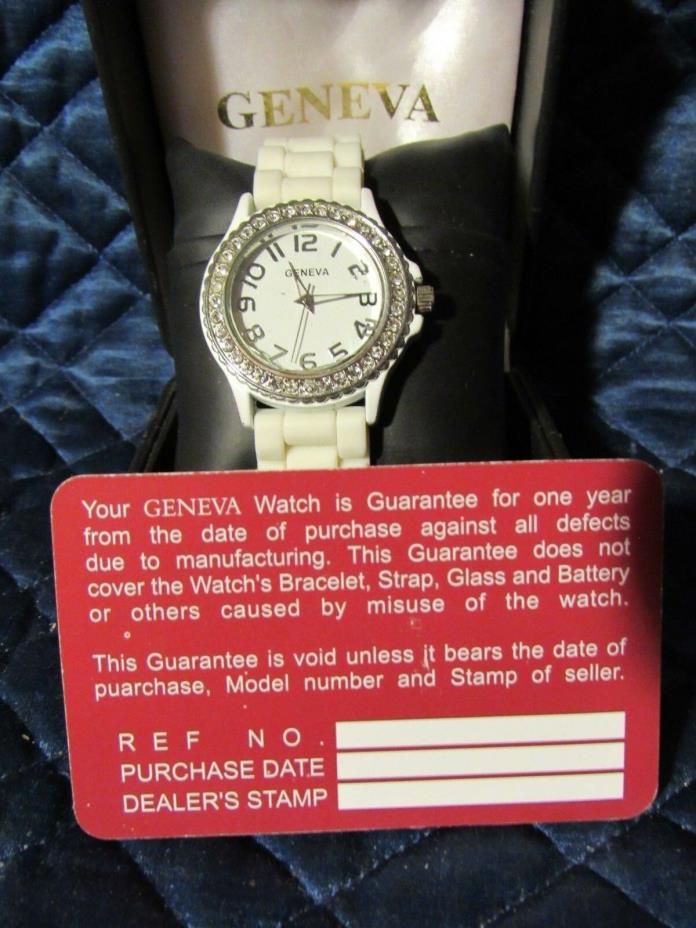 Geneva Watch, Rhinestones, White Band, Guarantee Card - NEW