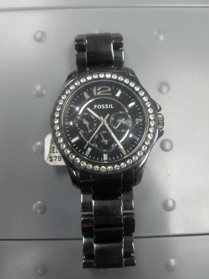 FOSSIL CERAMIC RILEY CE1011 BLACK PEARL CERAMIC SWAROVSKI CRYSTAL BEZEL CE1011