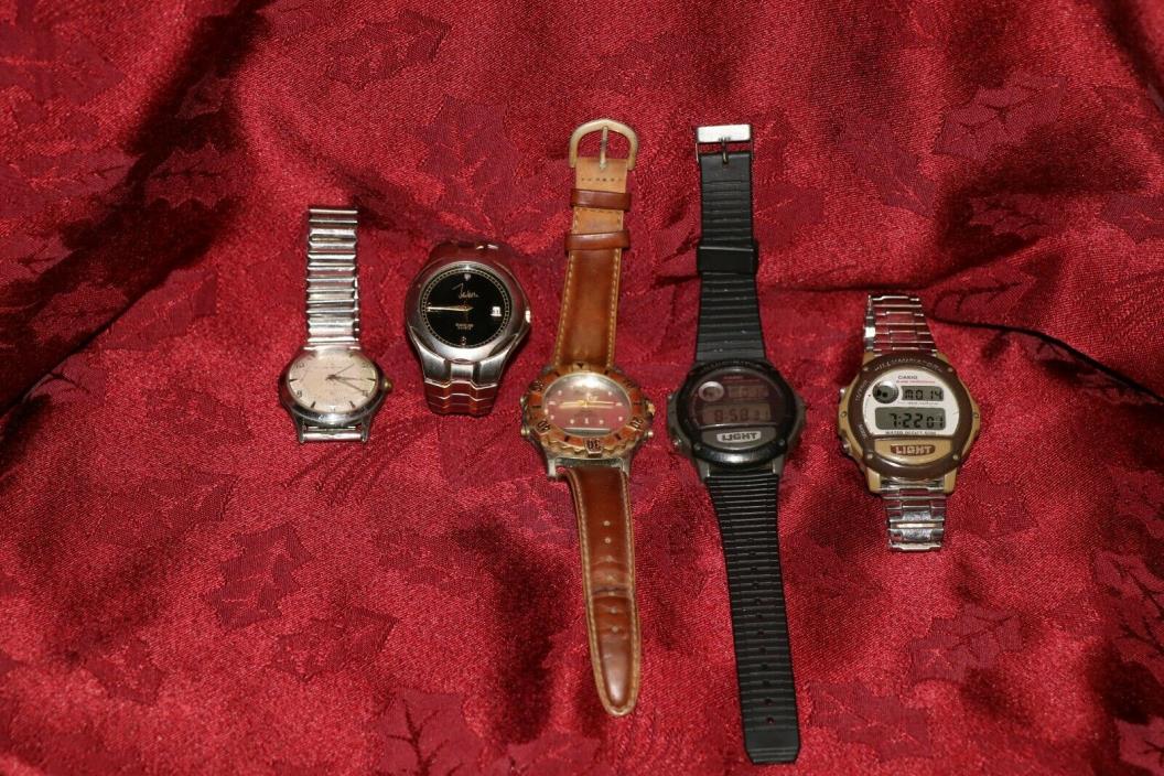 Lot 5 Men's Watches Gruen+Helbros+Casio+John Weitz+For Repair