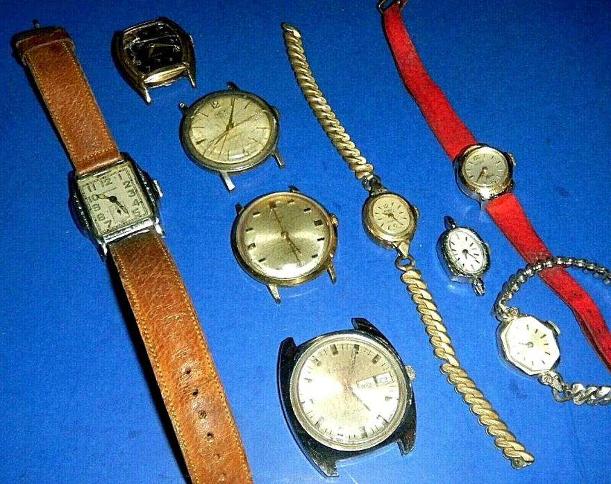 Parts Lot of Once Nice Stem-Wound Watches - Timex, Rex, Avalon, Enzo+ 2 GF Bands