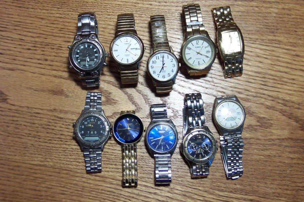 10pc Lot Mens Vintage Watches Timex, Waltham, Seiko, Armitron Quess,Gruen Chevro