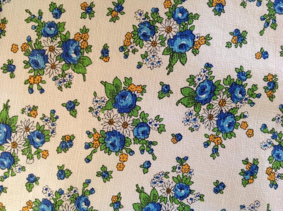 1970s Vtg 1.1 Yds Heavy Cotton Percale Blue Floral Fabric Material Sewing Retro